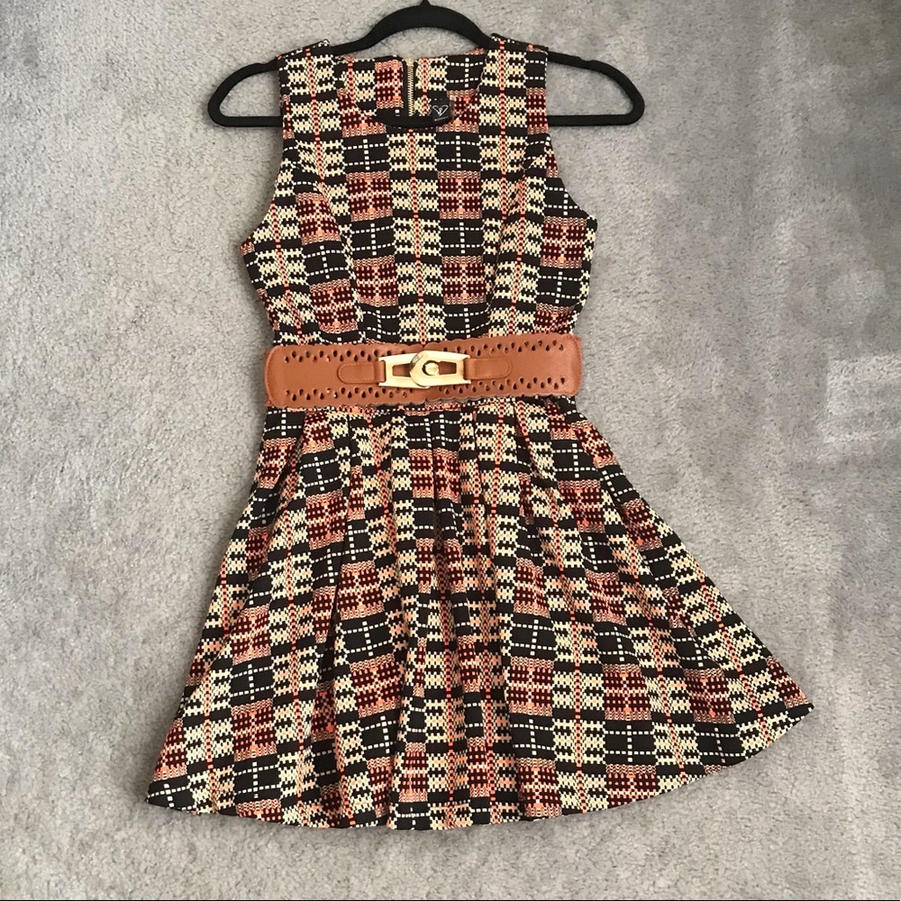 Sleeveless Black Orange Plaid A-Line Dress w Brown Belt